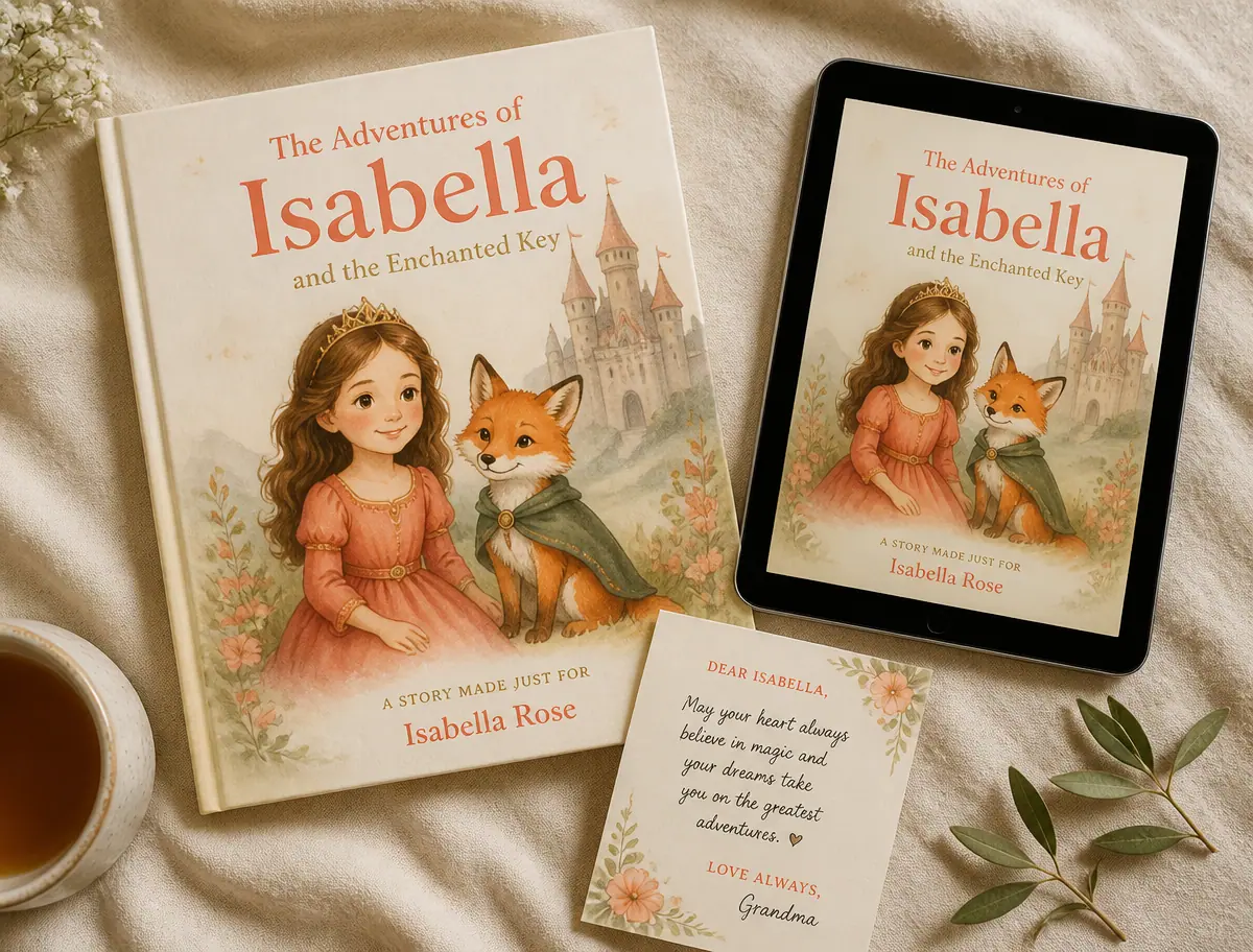 A personalized Once Upon A Hero hardcover beside its digital edition on a tablet and a printed dedication card