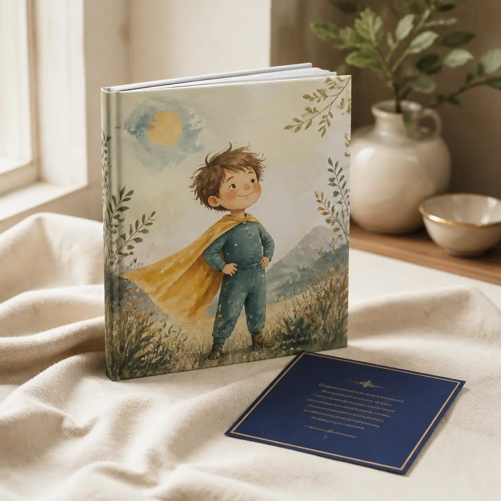 A personalized hardcover Once Upon A Hero book standing beside a printed dedication card on cream linen