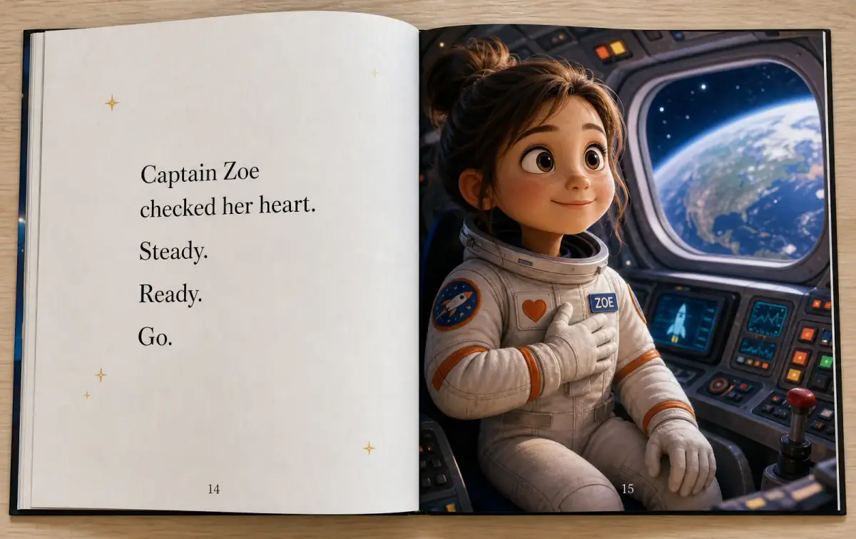 Open picture book spread showing Zoe in an astronaut suit inside a spacecraft cockpit with Earth in the window.