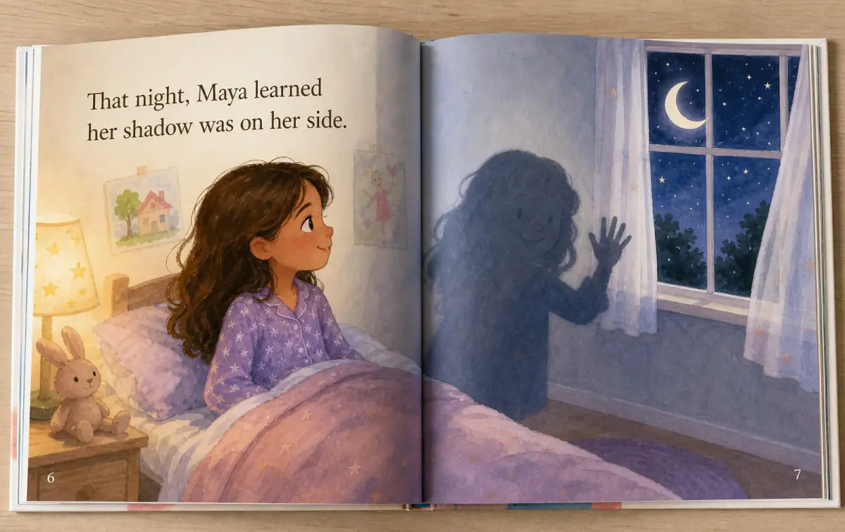 Open storybook spread showing Maya sitting up in bed while her friendly shadow waves at her under a moonlit window.