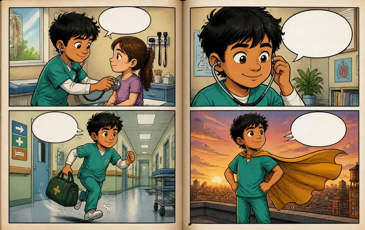 Open comic book spread with panels of Kai in a doctor's coat reassuring a young patient and taking notes.