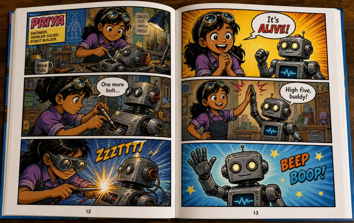Open comic spread of Priya in goggles building a robot in her workshop, sparks flying, then high-fiving her creation.