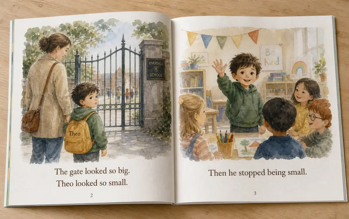 Open storybook spread showing Theo nervous at the school gate on the left and waving to new friends inside on the right.