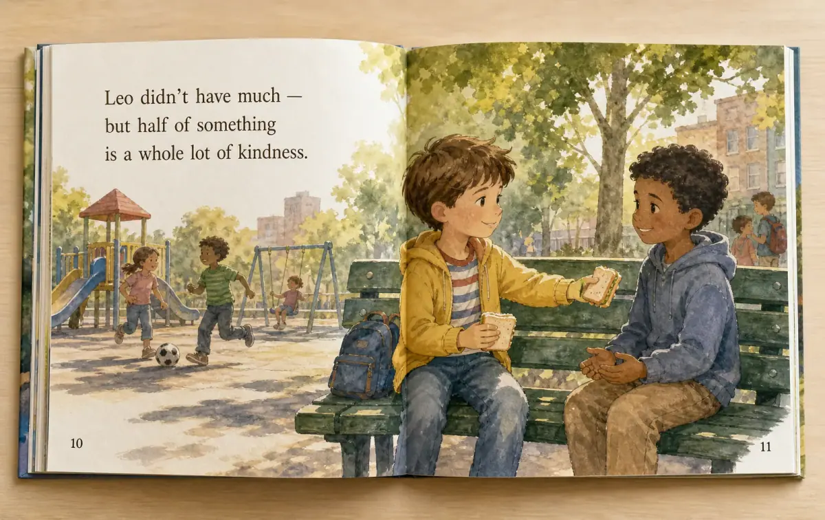 Open storybook spread of Leo offering half a sandwich to a new friend on a park bench.