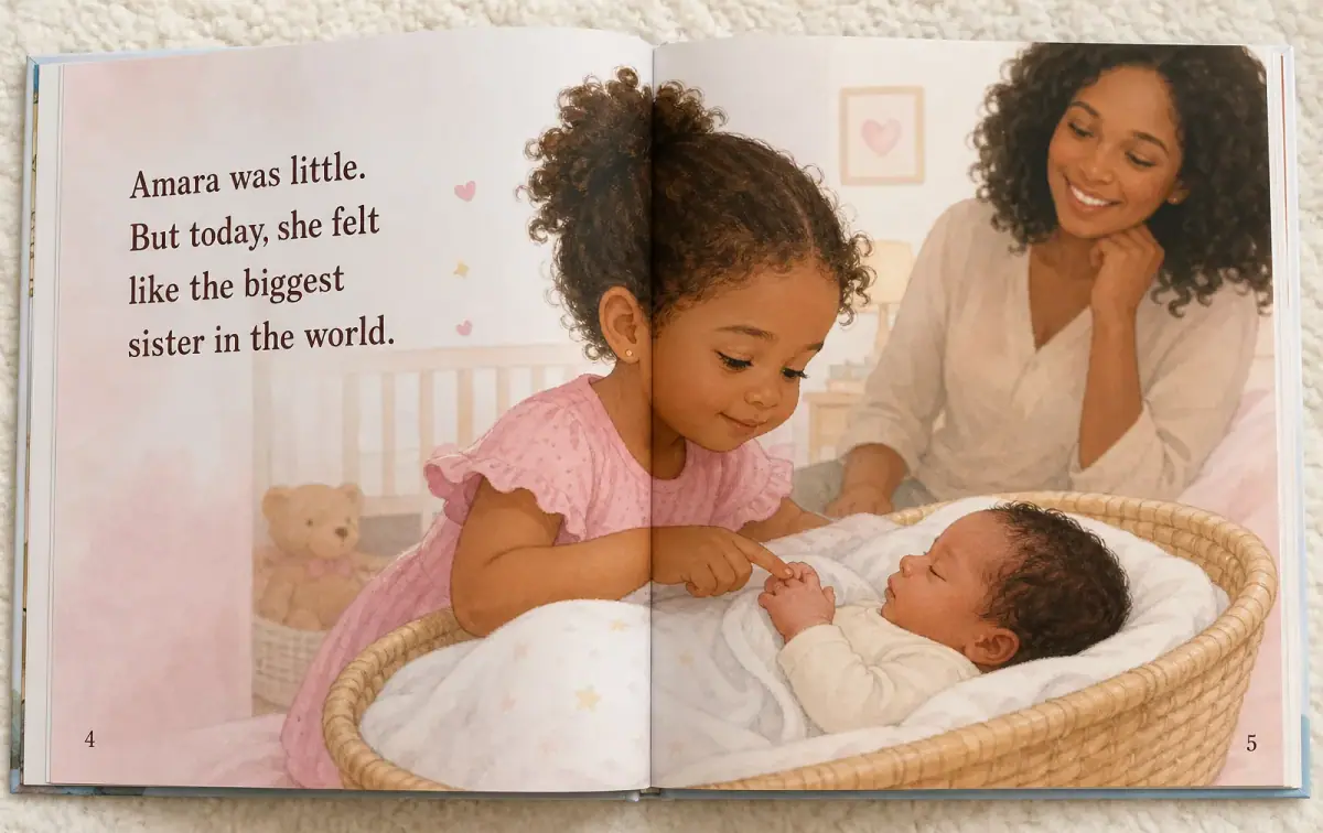 Open storybook spread of toddler Amara gently touching her baby brother's hand in a warm nursery.