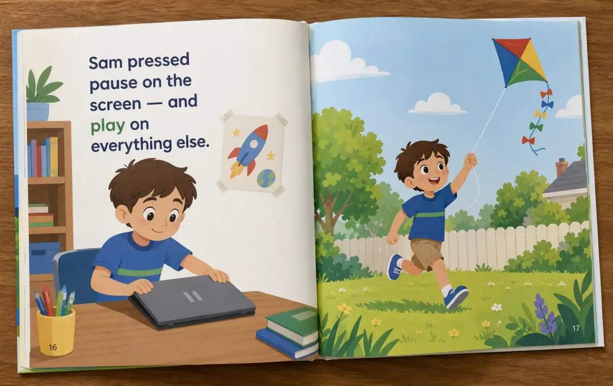 Open storybook spread with Sam closing a tablet on one page and flying a kite in the backyard on the other.