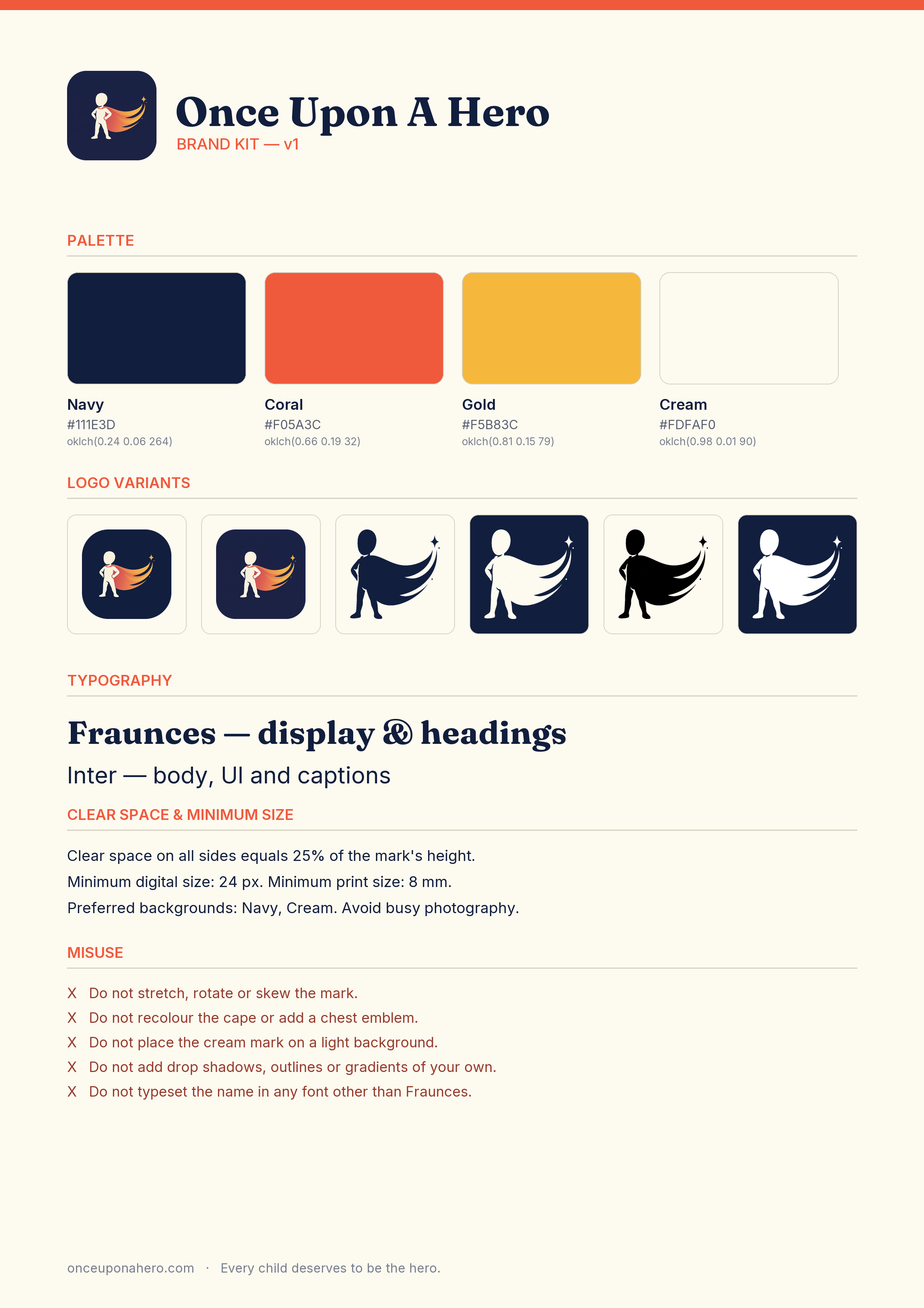 Brand guide (PNG) — Once Upon A Hero brand asset